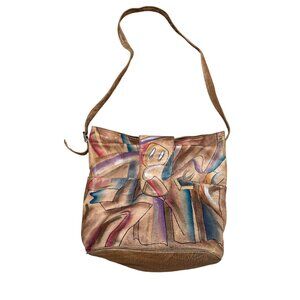 Sam Sam Women's Crossbody Shoulder Bag Hand Painted Brown Leather Vintage Travel